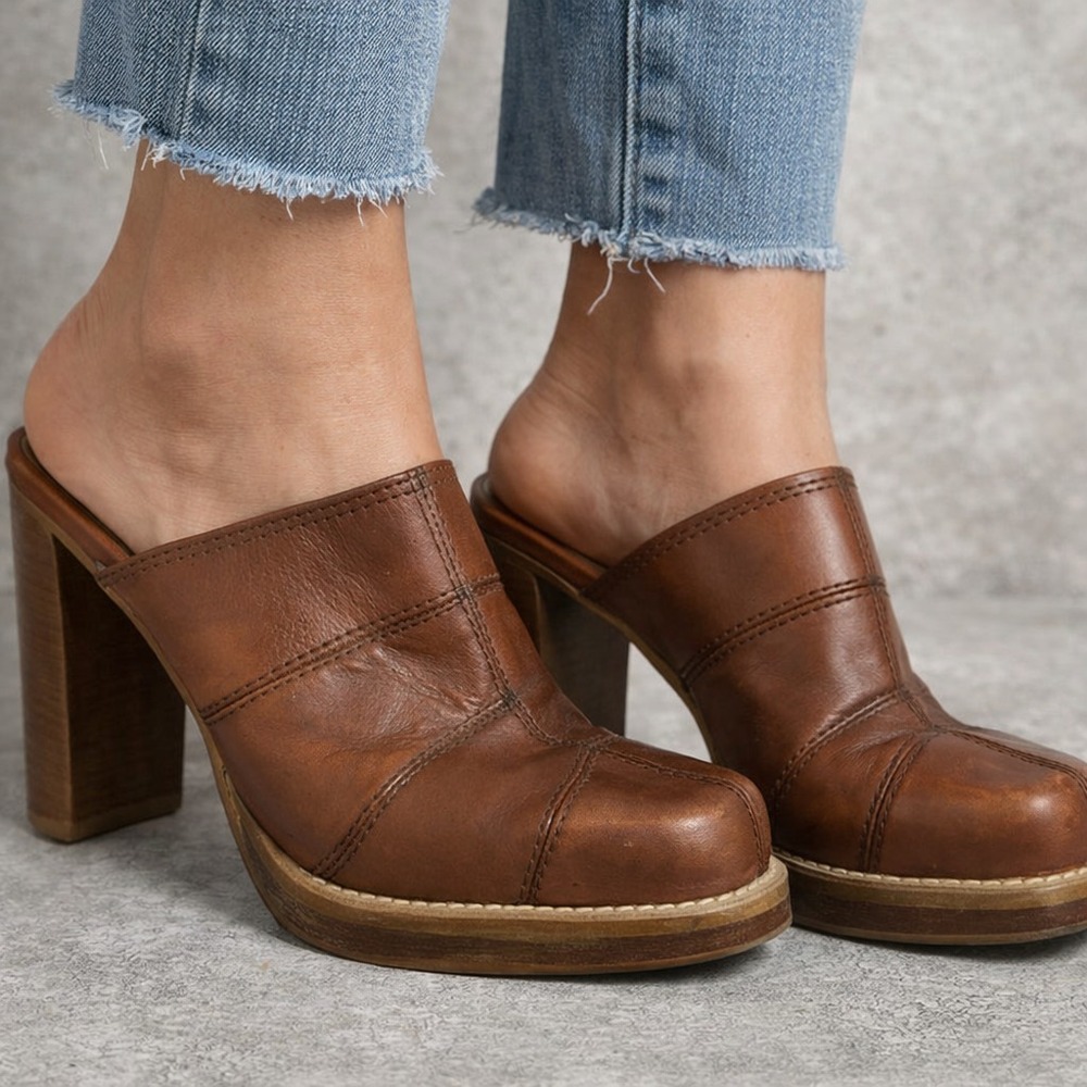 Vintage‎ Candies Block Heel Mule Leather Brown 6.5 Patchwork Y2K CottageCore